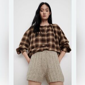 NWT XS ZARA brown plaid oversized woman trendy pullover blouse cottagecore boho